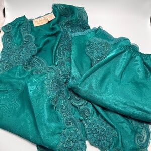 Gold Label Vintage Victoria's Secret Emerald‎ Green Beaded Embroidered 2pc Set